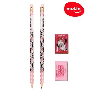 Kit 2 Lápis Preto + 1 Borracha + 1 Apontador Minnie Mouse - Molin