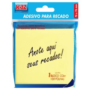 Bloco Adesivo 76x76 Amarelo Com 100 Folhas Ref.KZ2003A KAZ