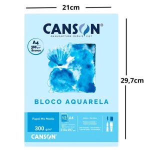 Bloco Para Desenho A4 Branco 300gr com 12 Folhas Aquarela CANSON