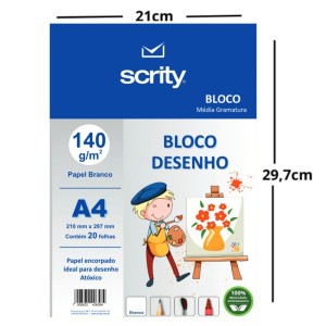 Bloco Para Desenho A4 Branco 140gr Com 20 Folhas SCRITY