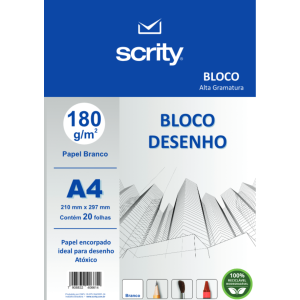 Bloco Para Desenho A4 Branco 180gr Com 20 Folhas SCRITY