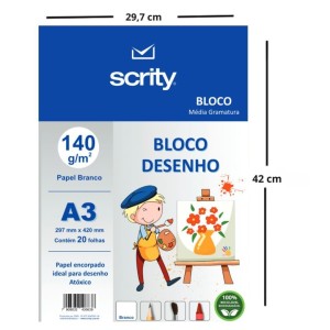 Bloco Para Desenho A3 Branco 140gr Com 20 Folhas SCRITY